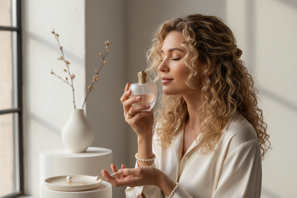 blonde girl with curly hair smelling fragerance